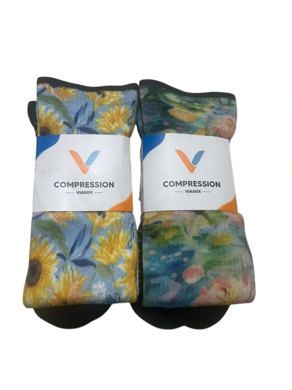 Women’s Floral Knee-High Sock Duo in Blue, Yellow & Pink Sz L/XL